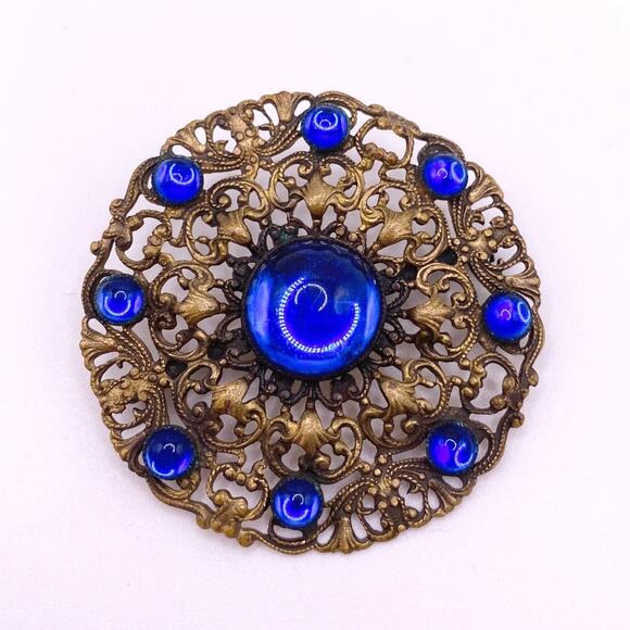 Blue Czech Glass Art Nouveau large Brooch - Picture 1 of 6